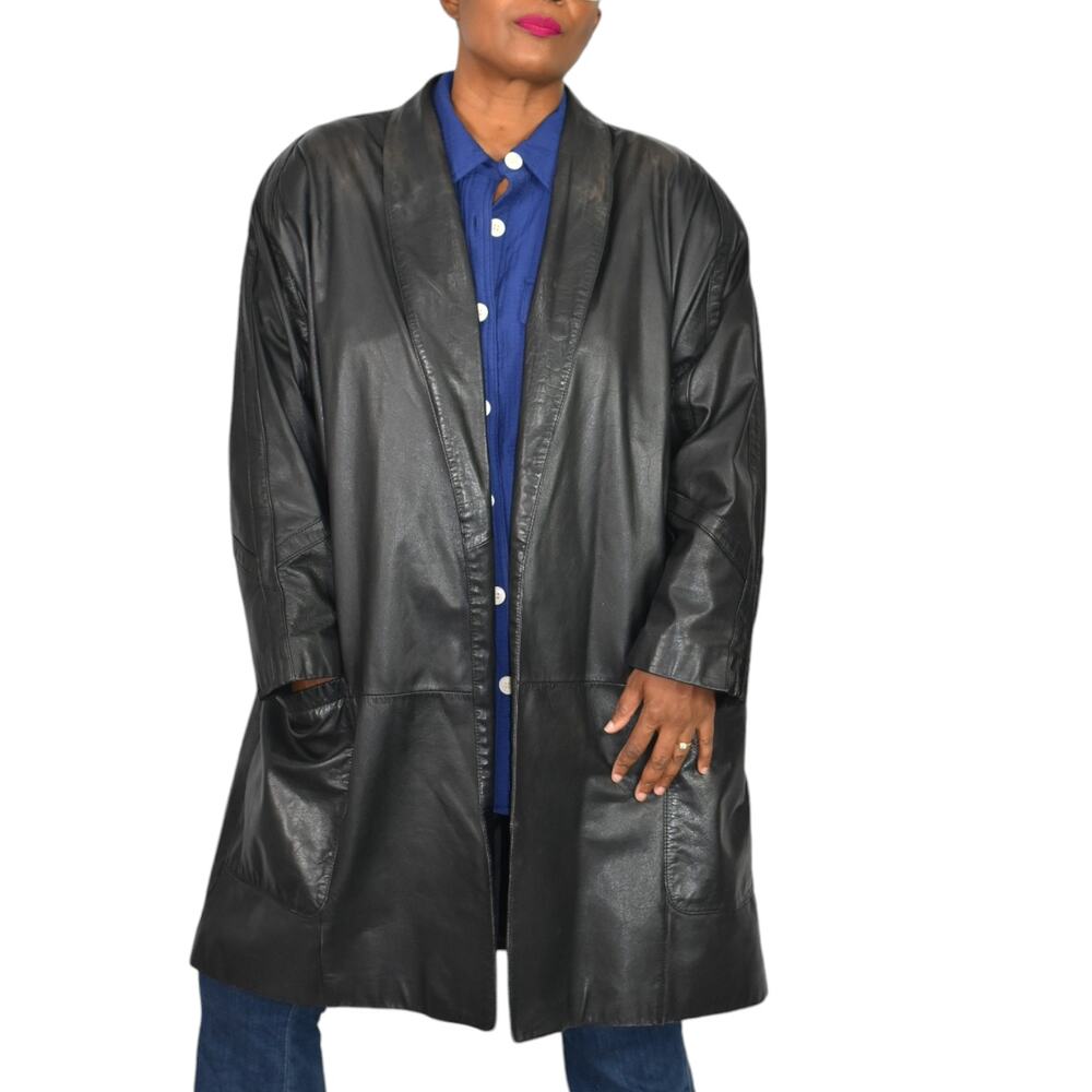 Vintage Black Leather Jacket Coat Oversized Collared Open CST Collection Plus 1X